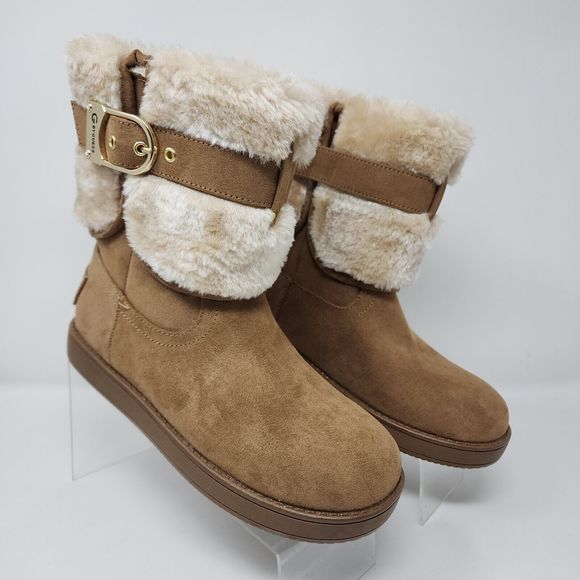 G By Guess Winter Boots Womens 5 Beige Gaussie Faux Fur Suede Booties Buckle - Picture 1 of 8